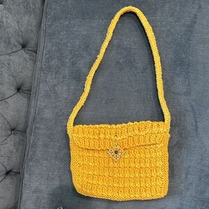 Elegant Mustard Yellow Hand Knit Shoulder Bag with Gold, Jewel, Beads, closure